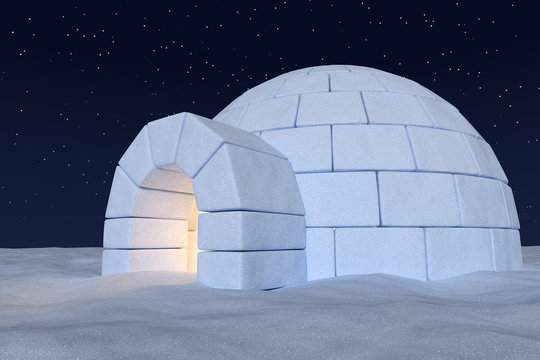 Igloo icehouse with warm light inside under night sky with stars closeup