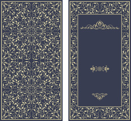 Template greeting card, invitation and advertising banner, brochure with space for text. Vintage Invitation or wedding card with damask pattern and elegant floral elements in dark blue and gold.