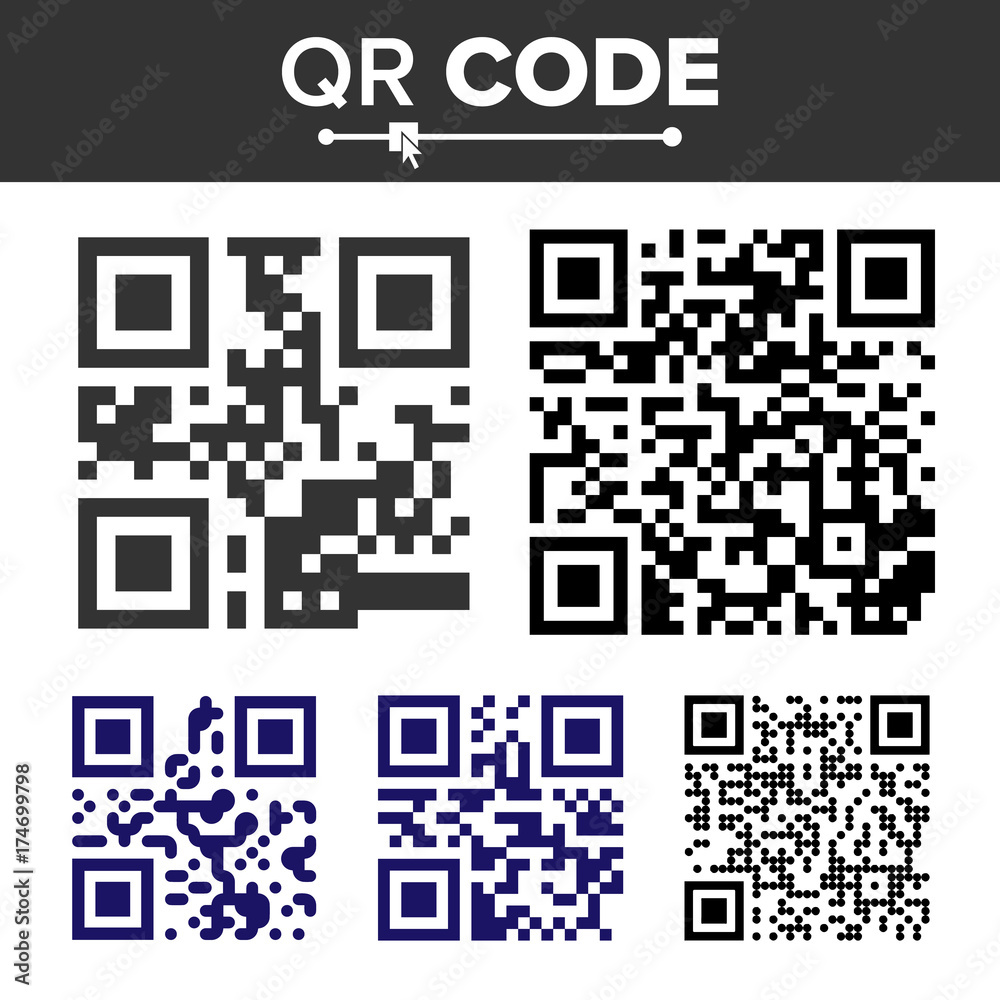 Poster qr code set vector. different types. scanning technology hidden text or url. isolated classic qr ill