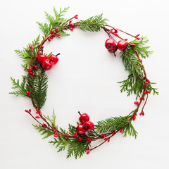 Fototapeta na wymiar Christmas and New Year holiday background. Xmas greeting card. Christmas wreath