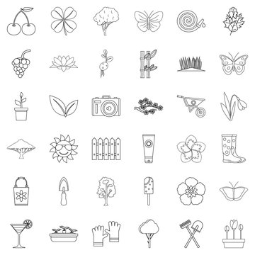 Flower icons set, outline style