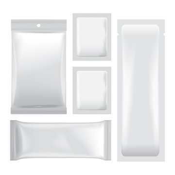Set of White blank foil bags packaging for food, snack, coffee, cocoa, sweets, crackers, chips, nuts. Vector plastic pack mock up