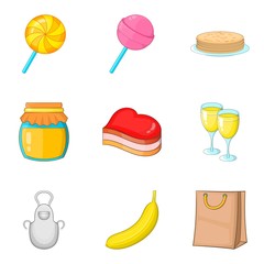 Romantic breakfast icons set, cartoon style