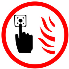 Press the alarm button if you see fire flame illustrated circle Icon road sign isolated on white Background.