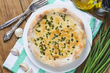 tart with onions and cheese, food closeup