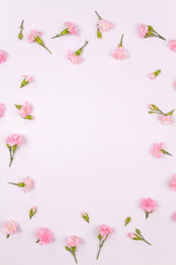 Frame made of pink carnation flowers on light pink background. Flat lay, Top view. Wedding background.