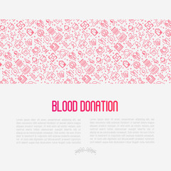 Blood donation concept with thin line icons and place for text. World blood donor day. Vector illustration for web page, banner, print media.