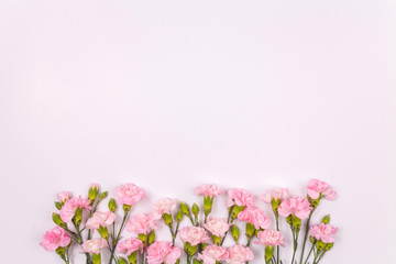 Wedding's background with pink carnation flowers on light pink background. Flat lay, Top view.
