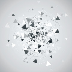 Abstract explosion from random placed monochrome triangles. Vector modern technology background