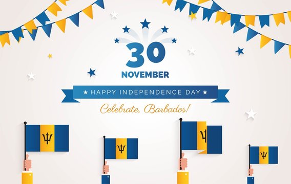 30 november.Barbados Independence Day greeting card. Celebration background with fireworks, flags and text. Vector illustration