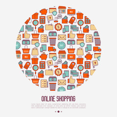 E-commerce, shopping concept in circle with thin line icons: shopping cart, payment method, delivery, sale. Vector illustration for background of banner, web page, print media.