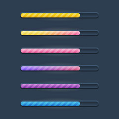 Set of six game resource bar in cartoon style with diagonal stripes. Vector illustration for web or game design, apps, template isolated on dark background.