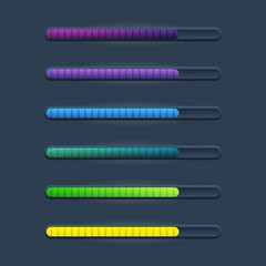 Set of six game resource bar in cartoon style with vertical stripes. Vector illustration for web or game design, apps, template isolated on dark background.