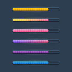 Set of six game resource bar in cartoon style with vertical stripes. Vector illustration for web or game design, apps, template isolated on dark background.