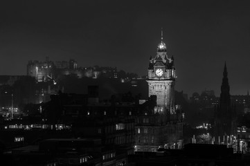 Fototapeta na wymiar Aerial night view of Edinburgh castle. Black and white