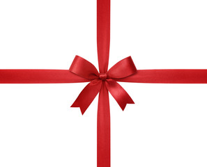 Red ribbon with bow isolated on white background.