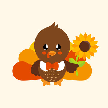 cute turkey with sunflower and tie