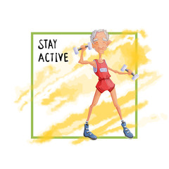 An elderly gray-haired man doing exercise with dumbbells. Active lifestyle and sport activities in old age, poster template. Vector illustration.
