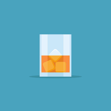 Glass of whiskey with ice isolated on blue background. Flat style icon. Vector illustration.