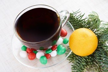 New Year. Christmas tree. Mandarin. Hot tea. White background