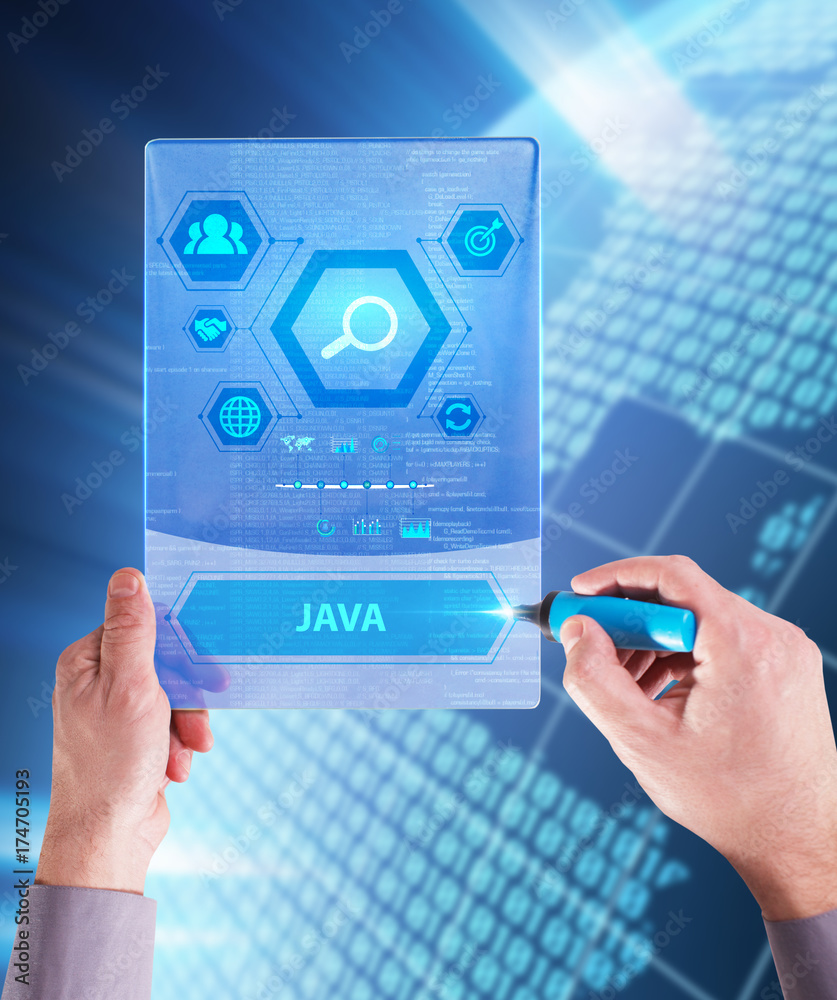 Canvas Prints The concept of business, technology, the Internet and the network. A young entrepreneur working on a virtual screen of the future and sees the inscription: Java