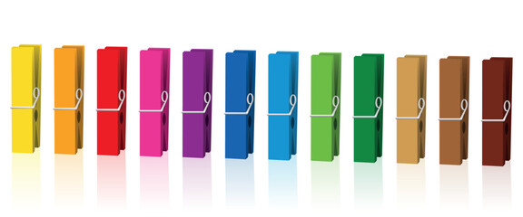 Clothes pegs - neat colored clothespins arranged in row - isolated vector on white background.