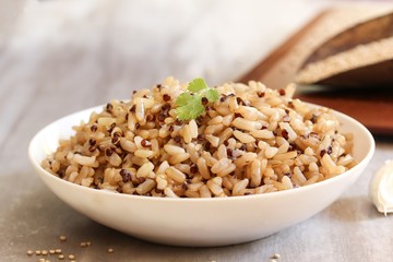 Red Quinoa brown rice served in a bowl, selective focus