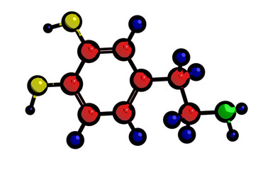 Molecular structure of dopamine, 3D rendering