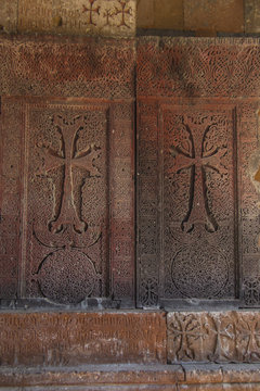 Ohanavan, Armenia, 15th September 2017: Armenian cross-stone otherwise the khachkar  located in the monastery in Hovhannavank,