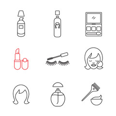 Cosmetics accessories linear icons set