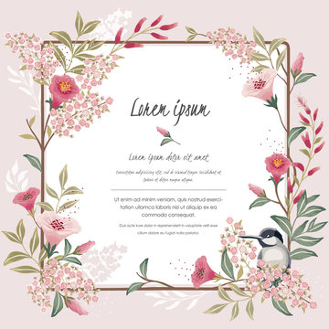  Vector illustration. A floral frame with a cute bird in spring for Wedding, anniversary, birthday and party. Design for banner, poster, card, invitation and scrapbook 		