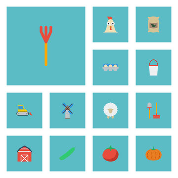 Flat Icons Cultivator, Sack, Gourd And Other Vector Elements. Set Of Harvest Flat Icons Symbols Also Includes Ewe, Warehouse, Bulldozer Objects.