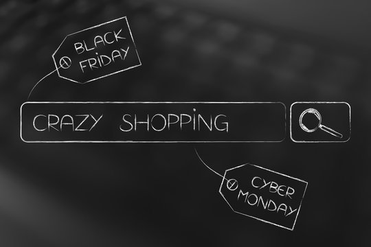 crazy shopping search bar query with black friday and cyber monday price tags