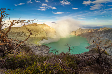 Beautiful Landscape mountain and green lake in the morning  at Kawah Ijen volcano , East Java, Indonesia © piyasuk