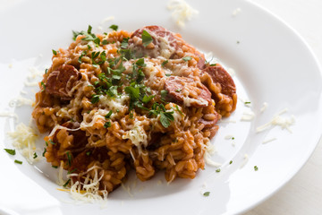 Chorizo risotto with tomato