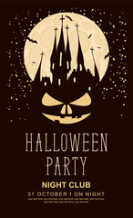 Vector banner for Halloween party with horrid face and an old Gothic castle in the cemetery on the background of the full moon
