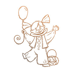 Cute girl in costume of scary clown with balloon.