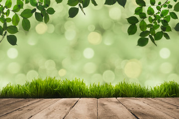 Obraz premium green leaves, sward and wooden planks