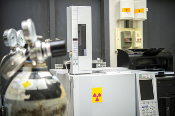 Gas pressure regulator with gas Nitrogen , Oxygen, Helium, Hydrogen.Gas used on the machine Gas Chromatograph-Mass Spectrometer (GCMS).Close up image