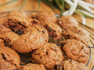 chocolate chip cookies on wooden table
