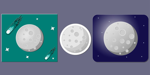 Set of Different Full Moon Designs. Moon, Stars and Comet Flat Design. Sticker Full Moon Isolated. Colorful Moon and Stars in Deep Dark Sky.
