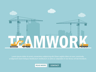 Crane and teamwork building. Infographic Template. Vector Illustration.