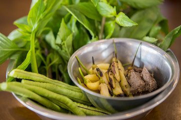  Fresh vegetables and grilled peppers along with shrimp paste. For eating with noodles is a Thai food.