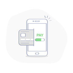 Mobile payment concept, money transfer, pay wireless with credit card on smartphone. Outline style icon on white background