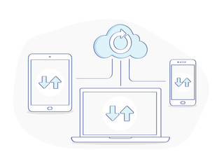 Cloud computing, storage, data syncing across devices. Service exchange or data processing, network of devices. Flat outline icon concept, technology template.