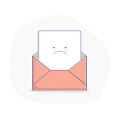 Cute upset open envelope with letter. Bad News, red Mail, Warning Letter, bills, debts, overdue payments vector concept. Flat outline illustration.