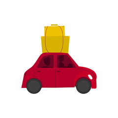 vector flat cartoon style red car with big bags fixed at its roof. Travelling by motor vehicle, road trip concept. Isolated illustration on a white background.