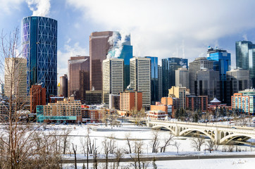 View of Calgary Skyline on a Freezing Winter Morning