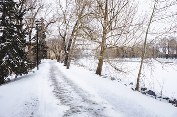 Riverside Path Covered in Snow on a Freezing Winter Morning. Calgary, Canada