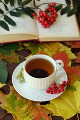 Earl grey tea with book and rowan on the table